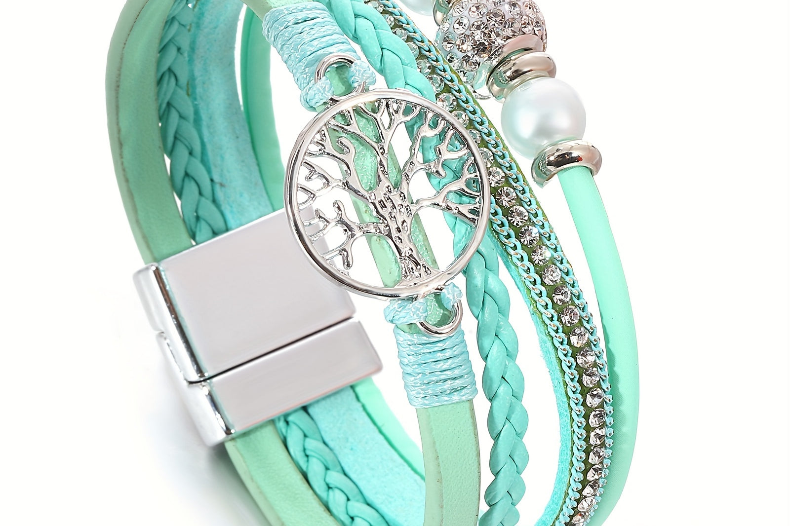 Boho Style Lebensbaum Armband, Vintage Boho Style Lebensbaum Armband - Mehrschicht Kunstleder, Legierung Charm, Strass Akzente, Tägliches Tragen oder Geschenk für Geburtstage, Freundschaft und mehr - Pack mit 1 Stück