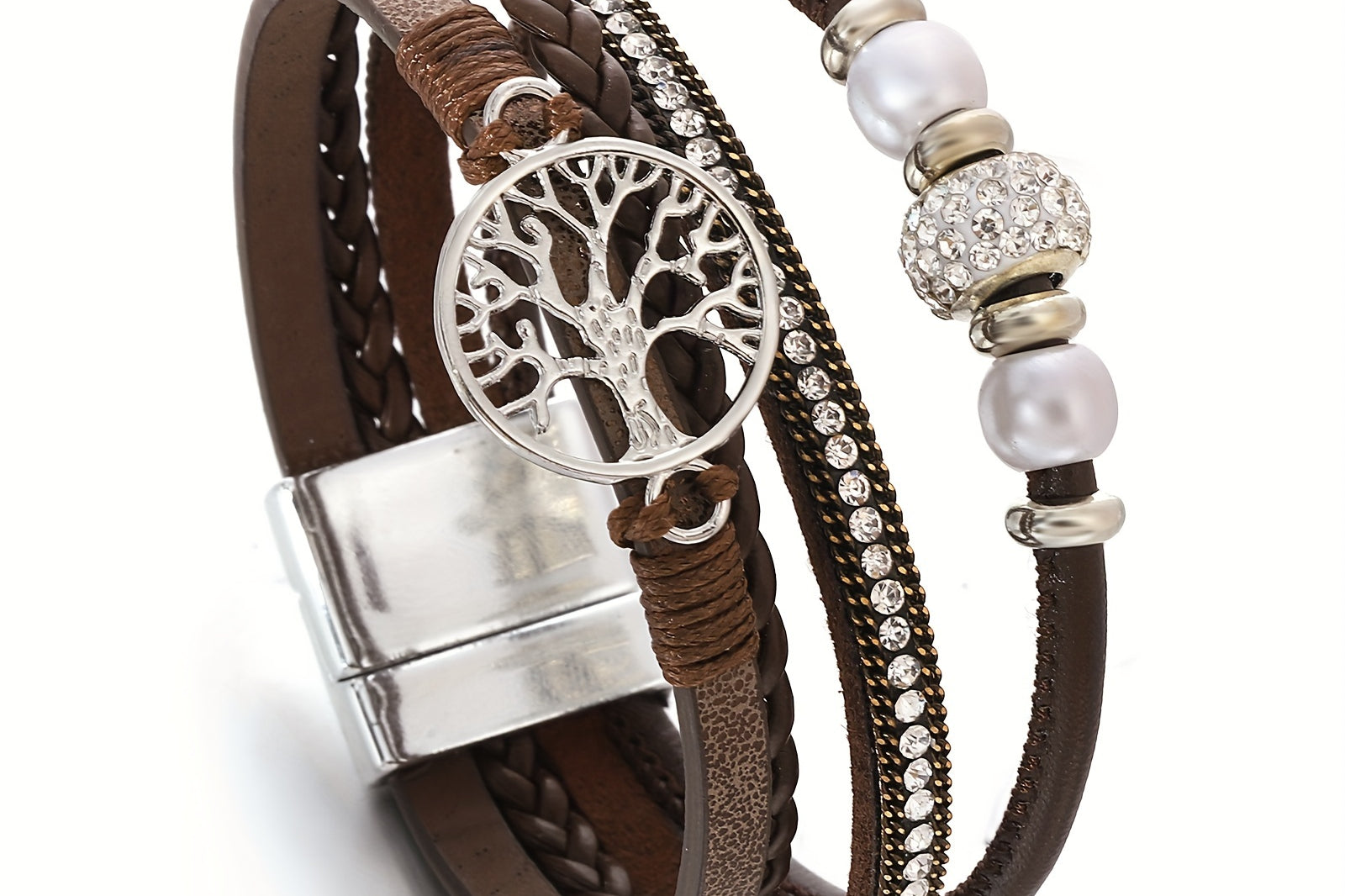Boho Style Lebensbaum Armband, Vintage Boho Style Lebensbaum Armband - Mehrschicht Kunstleder, Legierung Charm, Strass Akzente, Tägliches Tragen oder Geschenk für Geburtstage, Freundschaft und mehr - Pack mit 1 Stück