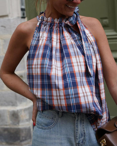 Ermeløs halterneck strappy rutete bluse