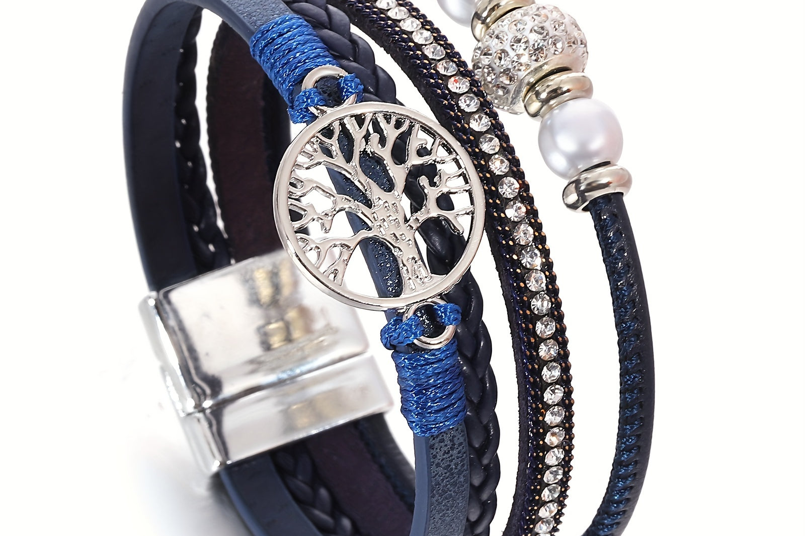 Boho Style Lebensbaum Armband, Vintage Boho Style Lebensbaum Armband - Mehrschicht Kunstleder, Legierung Charm, Strass Akzente, Tägliches Tragen oder Geschenk für Geburtstage, Freundschaft und mehr - Pack mit 1 Stück