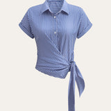 Asymmetrisk Stripete Bluse med Knyttedesign – 100% Polyester 0
