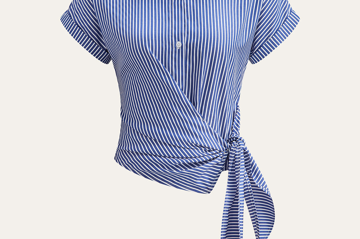 Asymmetrisk Stripete Bluse med Knyttedesign – 100% Polyester 0