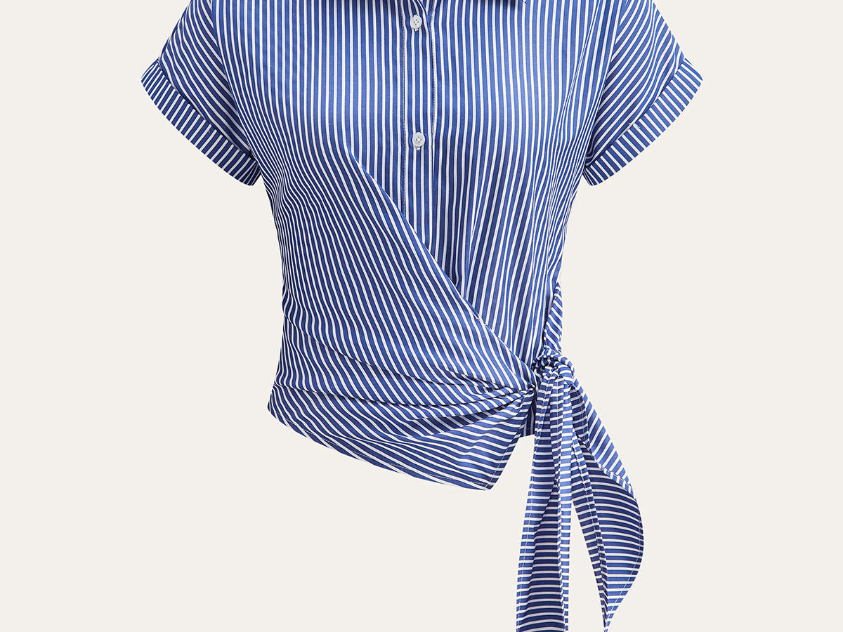 Asymmetrisk Stripete Bluse med Knyttedesign – 100% Polyester 0