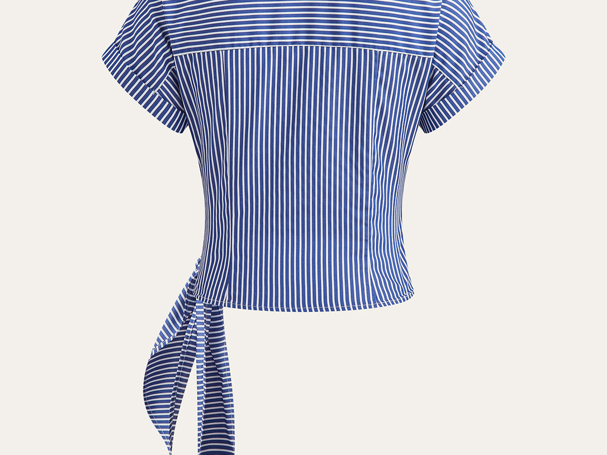 Asymmetrisk Stripete Bluse med Knyttedesign – 100% Polyester 1