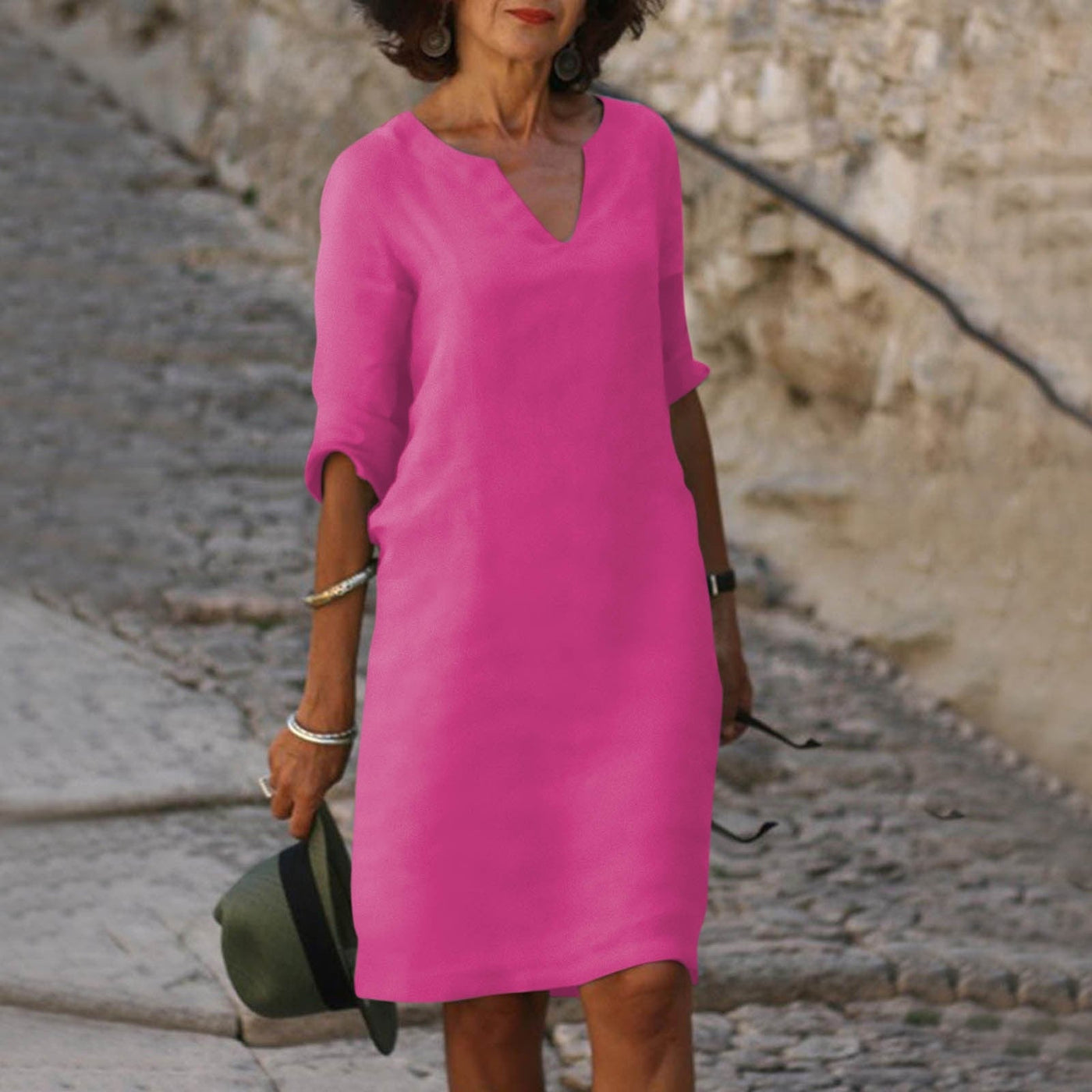 Evelyn Dress | Kjole med kvart erme og V-hals