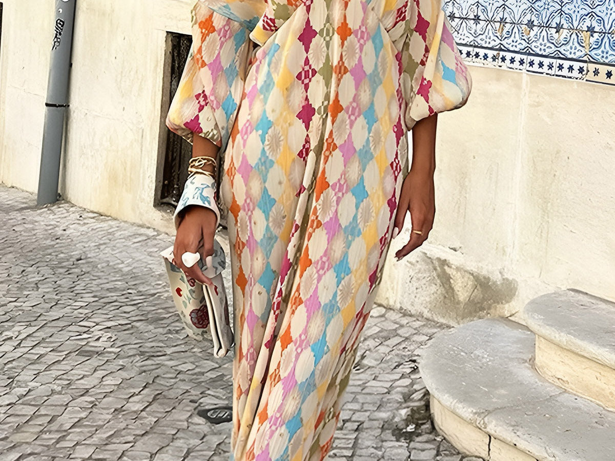 Vendbar V-hals Maxi Kjole i Jacquard Print – Langermet Design 0