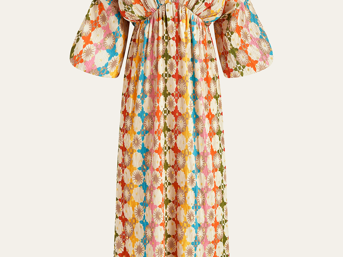 Vendbar V-hals Maxi Kjole i Jacquard Print – Langermet Design 1