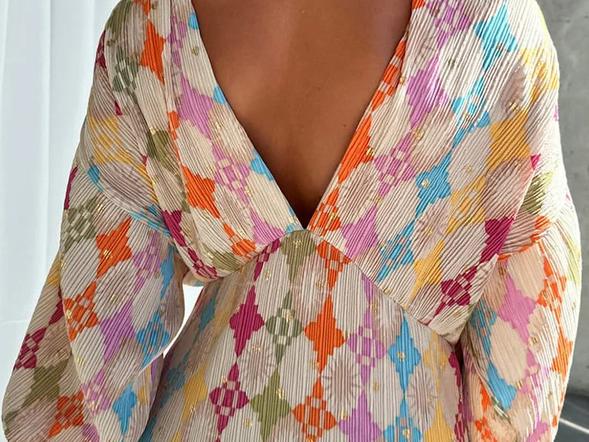 Vendbar V-hals Maxi Kjole i Jacquard Print – Langermet Design 2
