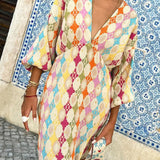 Vendbar V-hals Maxi Kjole i Jacquard Print – Langermet Design 3