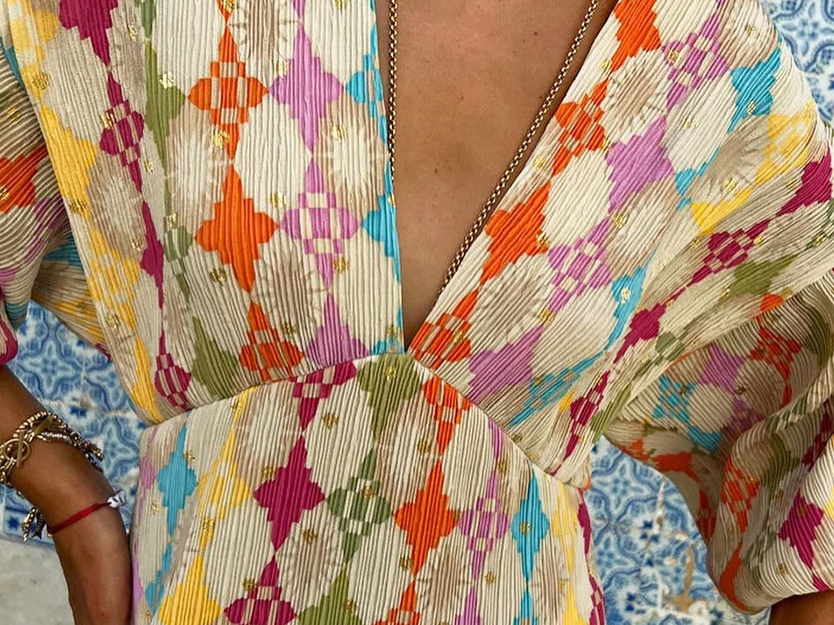 Vendbar V-hals Maxi Kjole i Jacquard Print – Langermet Design 4