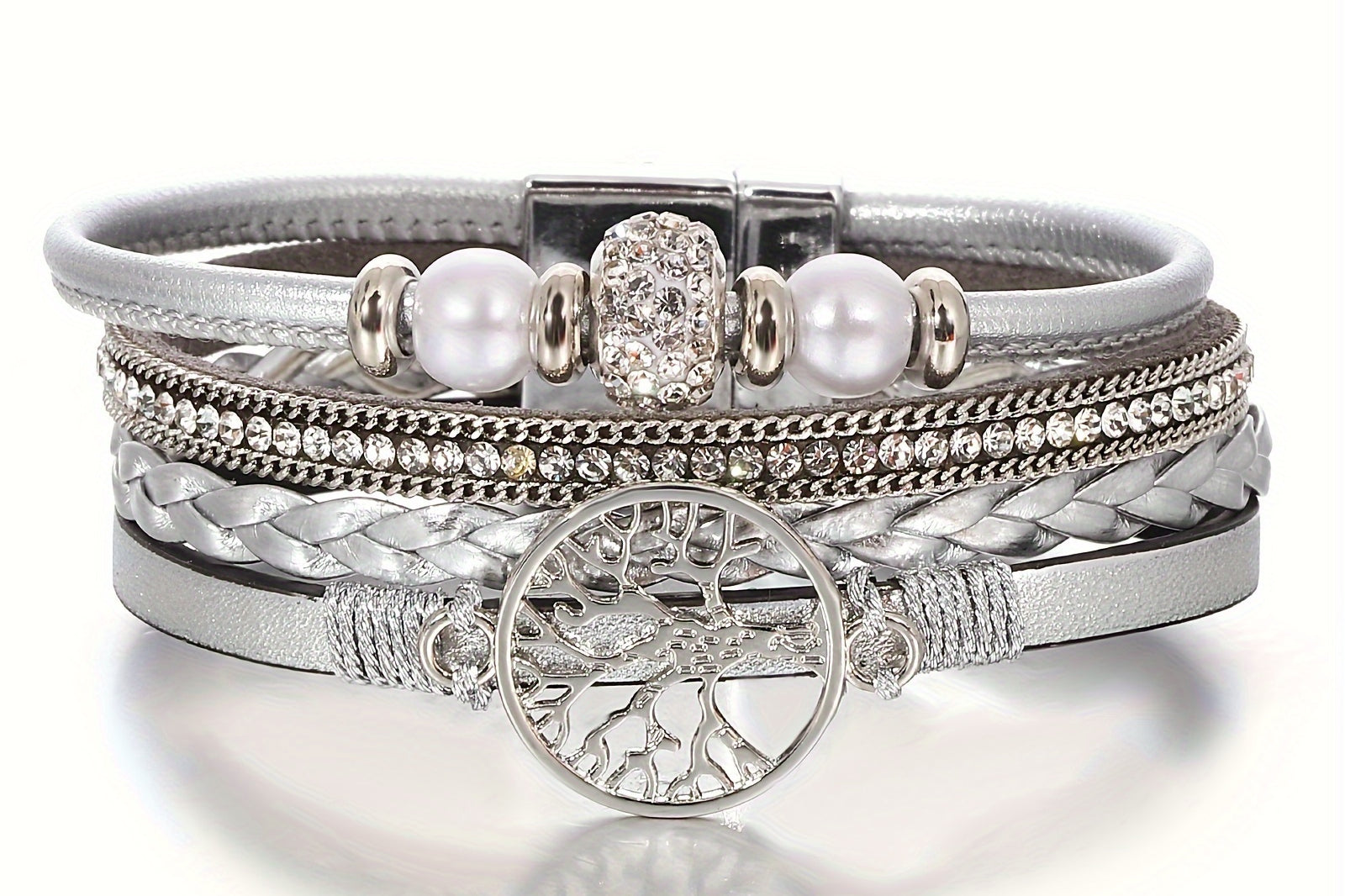 Boho Style Lebensbaum Armband, Vintage Boho Style Lebensbaum Armband - Mehrschicht Kunstleder, Legierung Charm, Strass Akzente, Tägliches Tragen oder Geschenk für Geburtstage, Freundschaft und mehr - Pack mit 1 Stück
