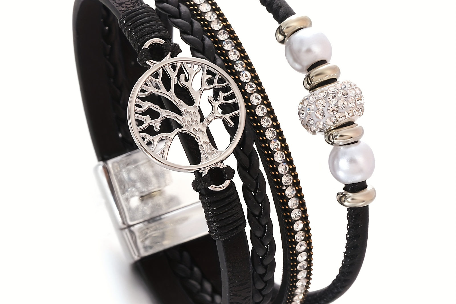Boho Style Lebensbaum Armband, Vintage Boho Style Lebensbaum Armband - Mehrschicht Kunstleder, Legierung Charm, Strass Akzente, Tägliches Tragen oder Geschenk für Geburtstage, Freundschaft und mehr - Pack mit 1 Stück