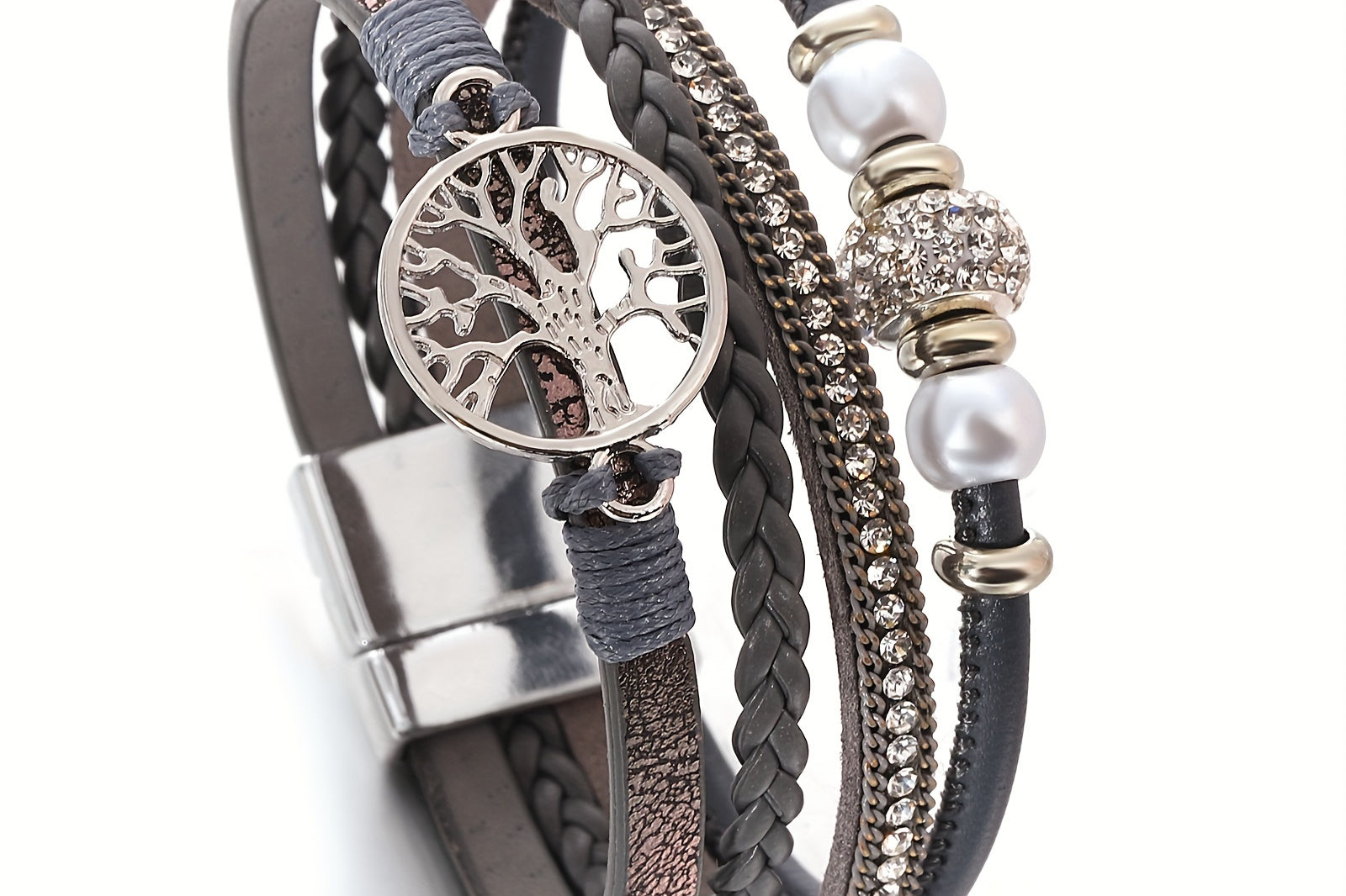 Boho Style Lebensbaum Armband, Vintage Boho Style Lebensbaum Armband - Mehrschicht Kunstleder, Legierung Charm, Strass Akzente, Tägliches Tragen oder Geschenk für Geburtstage, Freundschaft und mehr - Pack mit 1 Stück