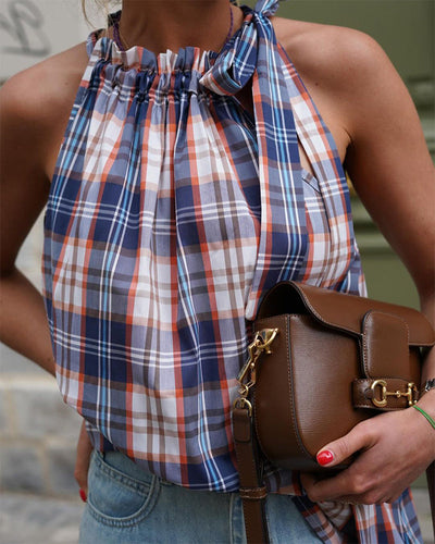 Ermeløs halterneck strappy rutete bluse