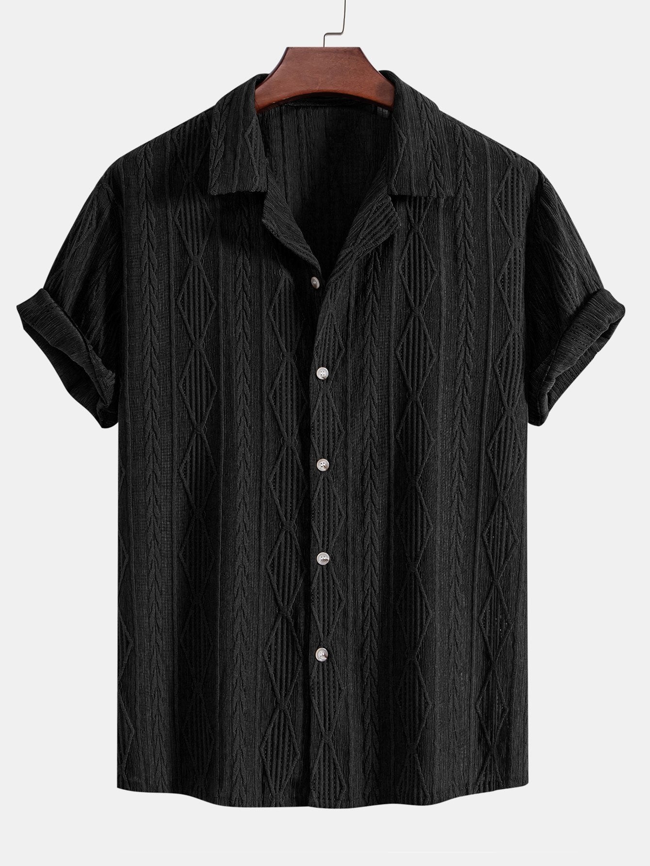 Sten™ | Kubansk skjorta i geometriskt jacquardmönster med håldetaljer & raka byxor med rynkad textur